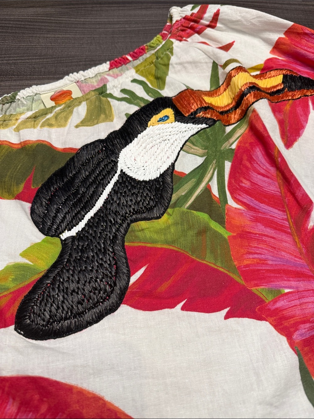 FARM Rio White Tropical Toucan one shoulder Blouse with Red & Green Leaves - Picture 2 of 7